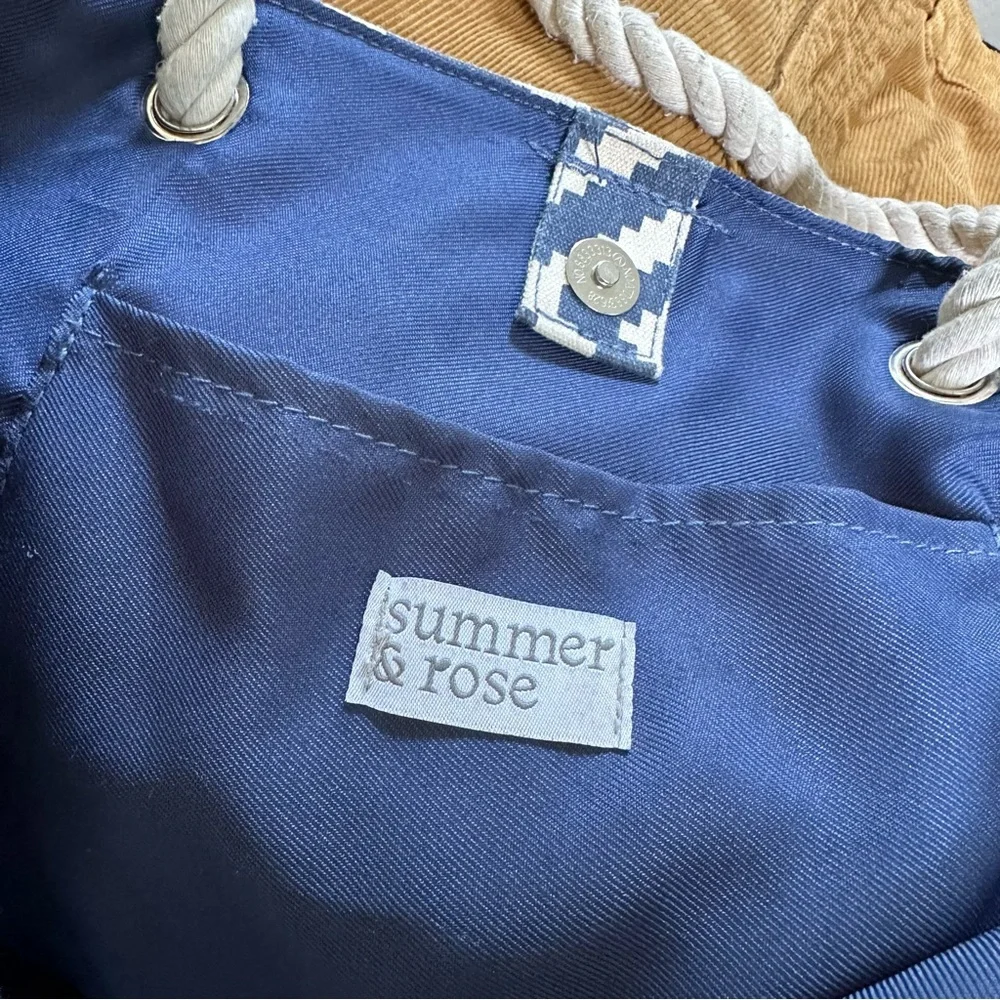 Summer & Rose Canvas Beach Bag Blue Geometric Pattern Rope Handles Coastal